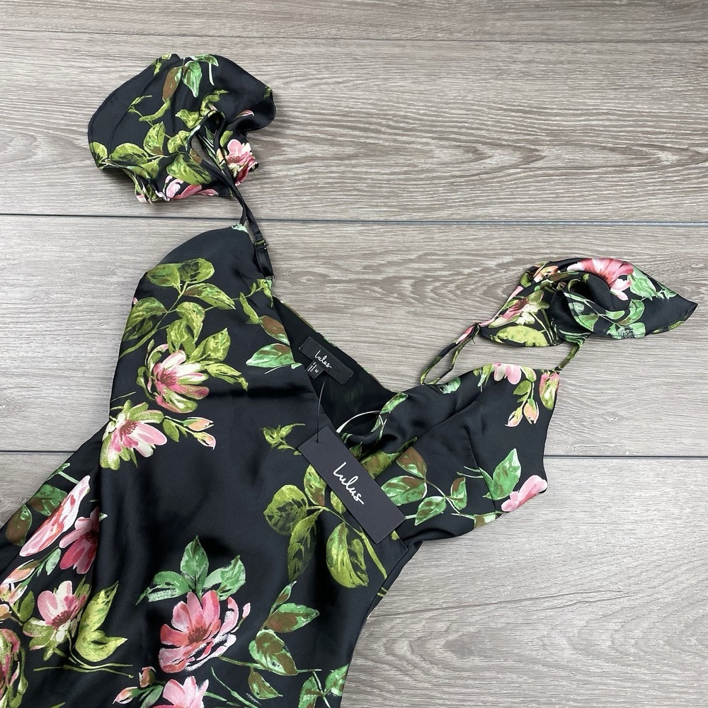 Lulu's Black Floral Maxi Dress with Pink Blossoms and Green Leaves